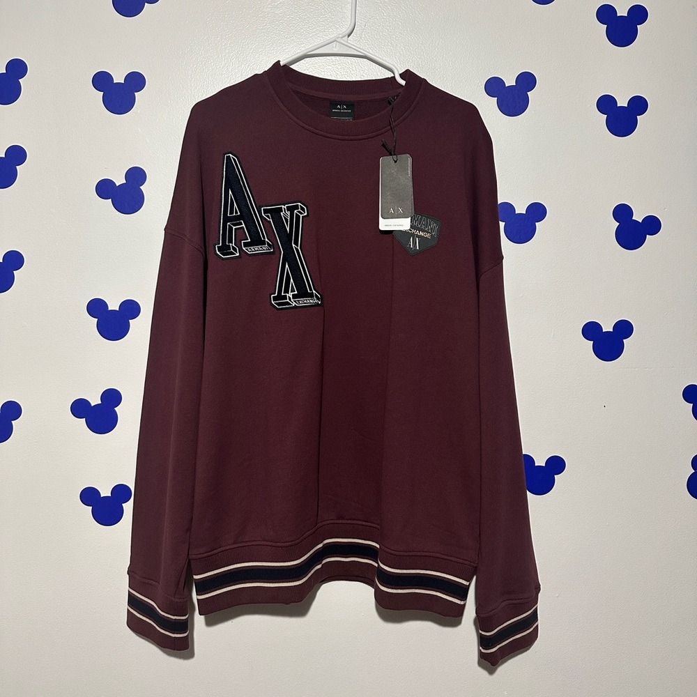 Armani Exchange Brown Crewneck Sweater with Striped Trim